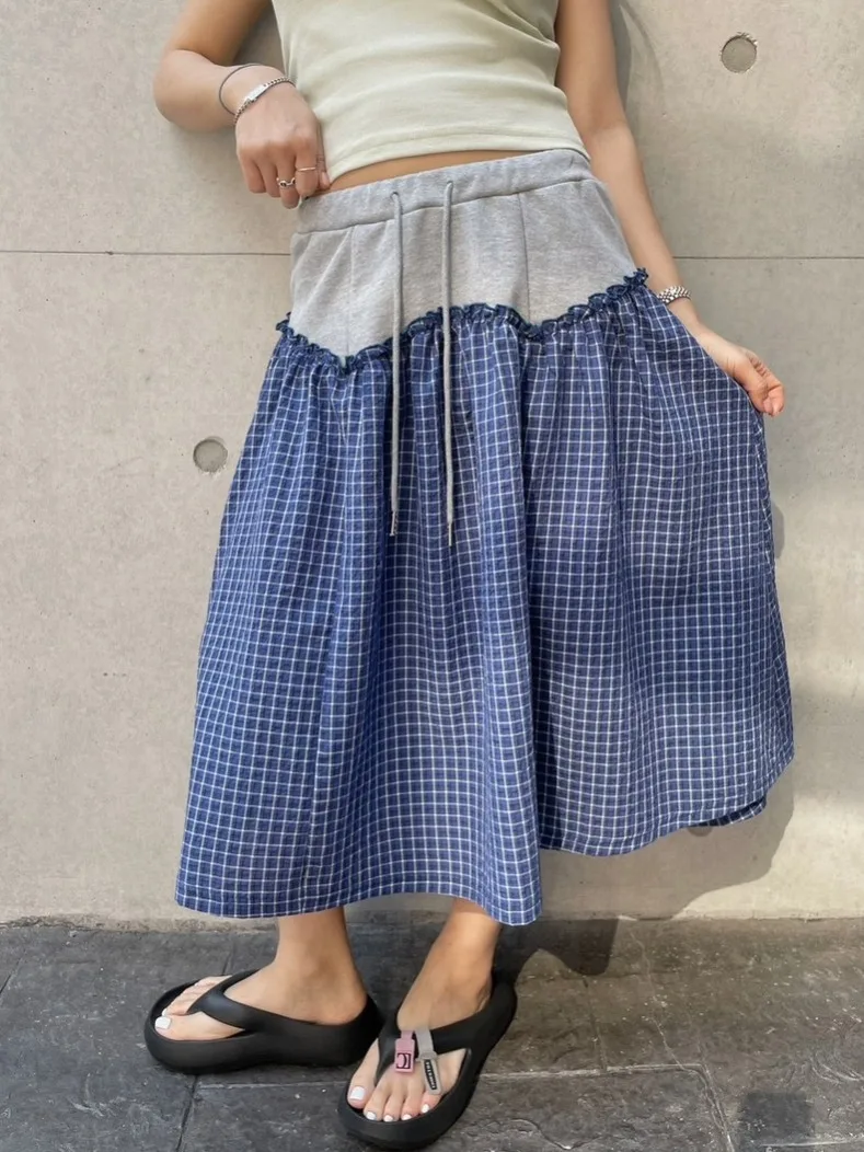 Gonna da donna di media lunghezza con motivo scozzese retrò carino Patchwork Color Blo Gonna da donna in vita elastica giapponese Sle Primavera Autunno Inverno