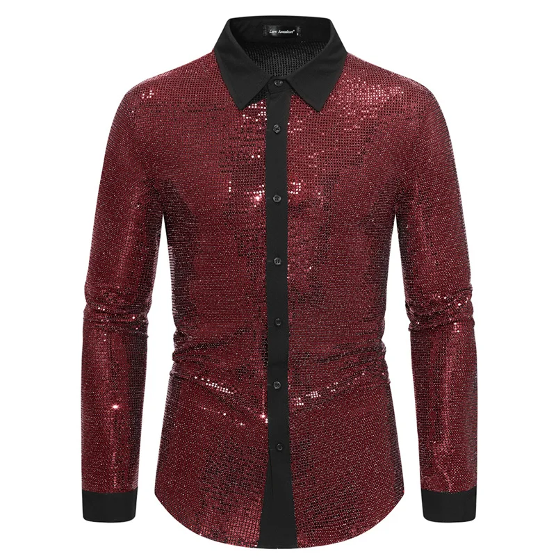 Fashion Men Luxury Bar KTV Stage Party Dress Long Sleeve Shirt Gold / Silver / Red Summer New Male High Street Prom Casual Tops