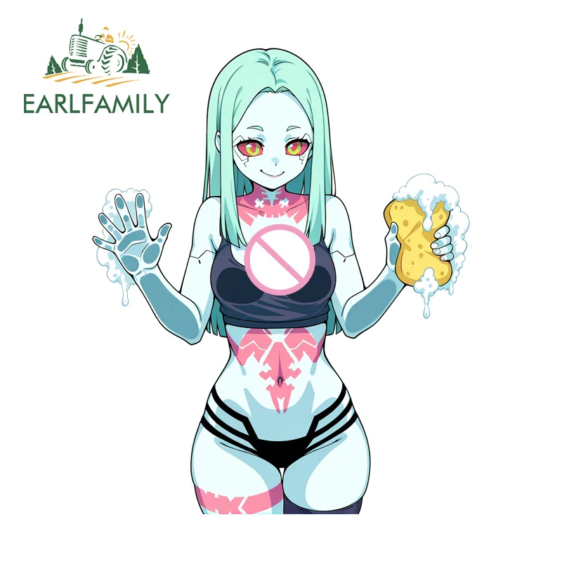 EARLFAMILY Kawaii Girl Washing Windows Car Stickers Loli Waterproof Sunscreen Trunk Caravan Decal Vinyl Rebecca Cute Car Label