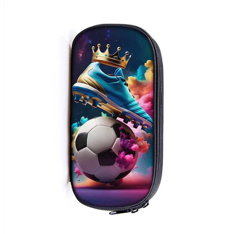 Cool Soccer with Golden Crown Print Cosmetic Case Pencil Bag Football Pencil Box School Supplies