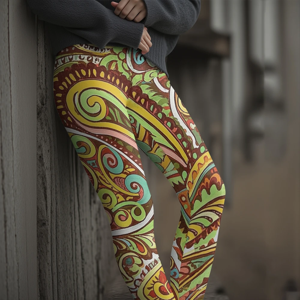 Women's High-Waisted Bohemian Paisley Leggings Colors Swirl Floral Print Stretchy Athletic Yoga Pants for Casual Fitness Wear