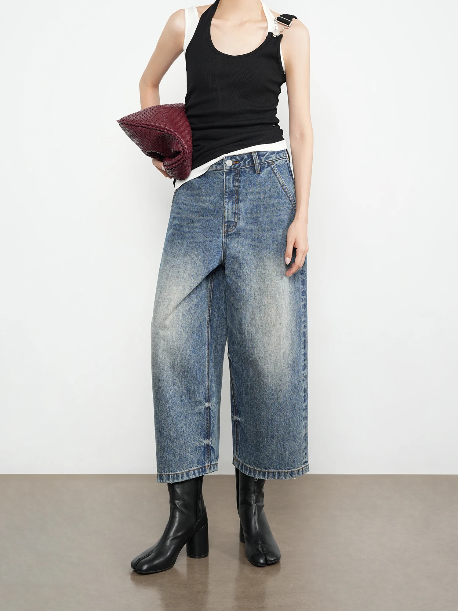 

Женские джинсы с высокой талией и широкими штанинами в стиле ретро, джинсовые брюки с эффектом похудения, скрывающие бедра, из хлопка, повседневные брюки