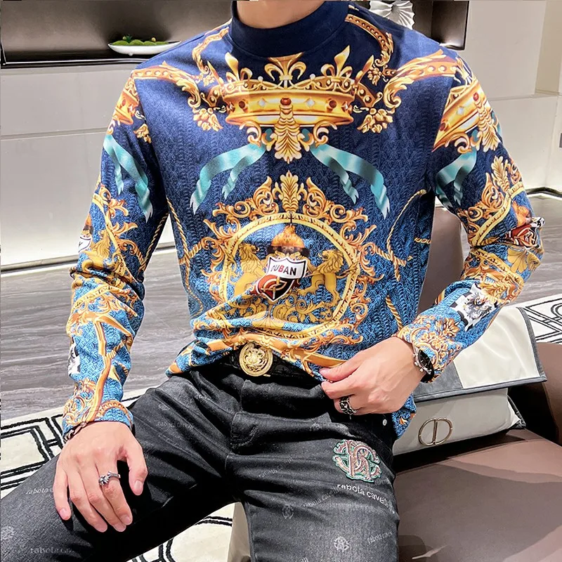 Luxury Crown Printed Men\'s T-shirt Autumn Winter Fleece Half Turtleneck T-shirt Thickened Warm Casual Business Pullover M-4XL