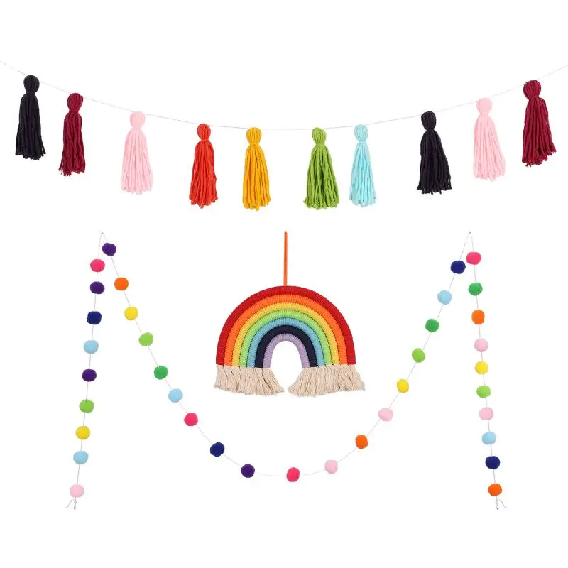 3pcs Rainbow Ornaments Tassel Garland Pompom Ball Banner Garland Macrame Rainbow Wall Hanging Decoration For Boho Home Party