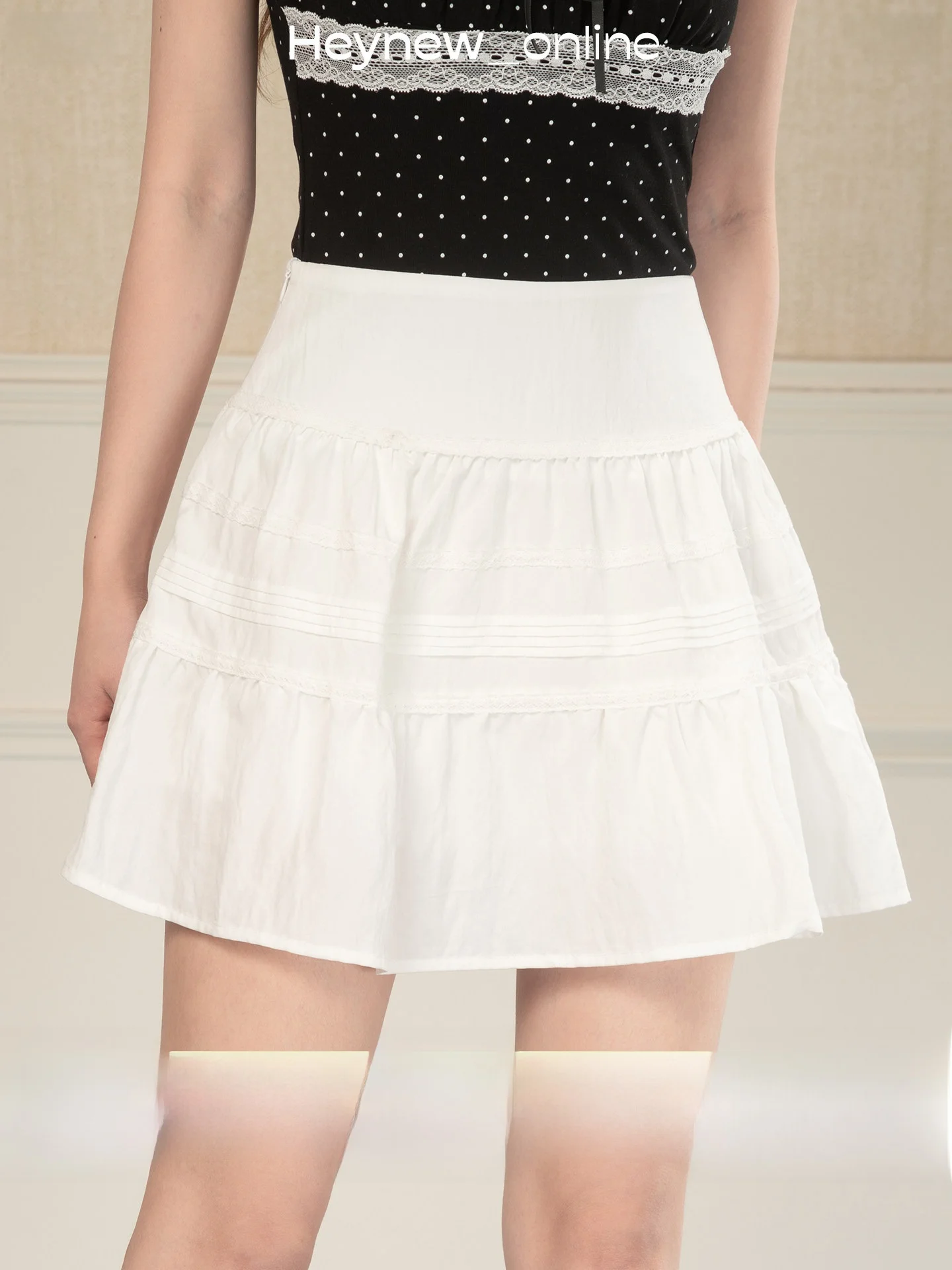 

Heynew High Waist A-Line Skirt Pleated Sweet Girl Style Beige Color Summer New Cake Skirt Women's Fashion Half-length Sk...