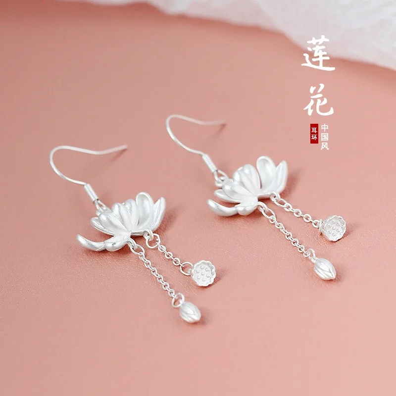 Steel Fun Jewelry 2024 New Fashion Chinese Style White Lotus Long Tassel Dangle National Style Earrings for Women Girl Gifts