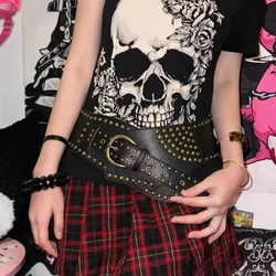Vintage Irregular Waistband Punk Studded Y2K Metal Pu Belt Chain Western Cowboy Waist Belts Sexy Hiphop Men Skeleton Beaded Belt