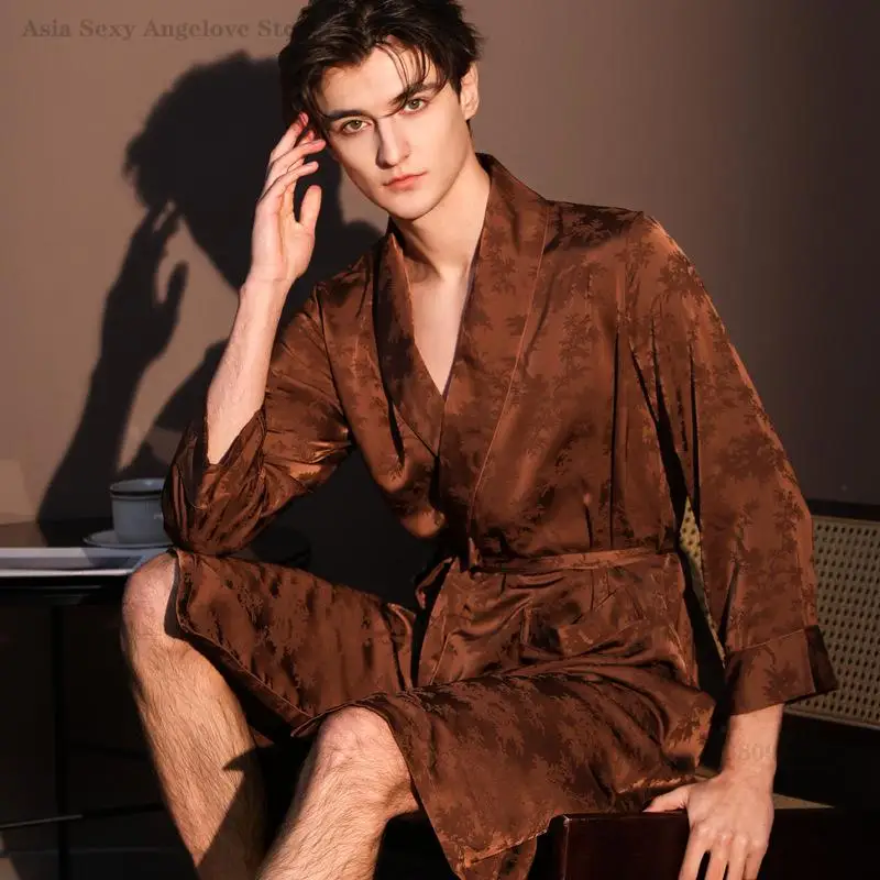 Fashion Lapel Nightgown Men's Casual Robe Kimono Bathrobe Satin Jacquard Yukata with Belt Spring Summer Sleepwear Home Clothes