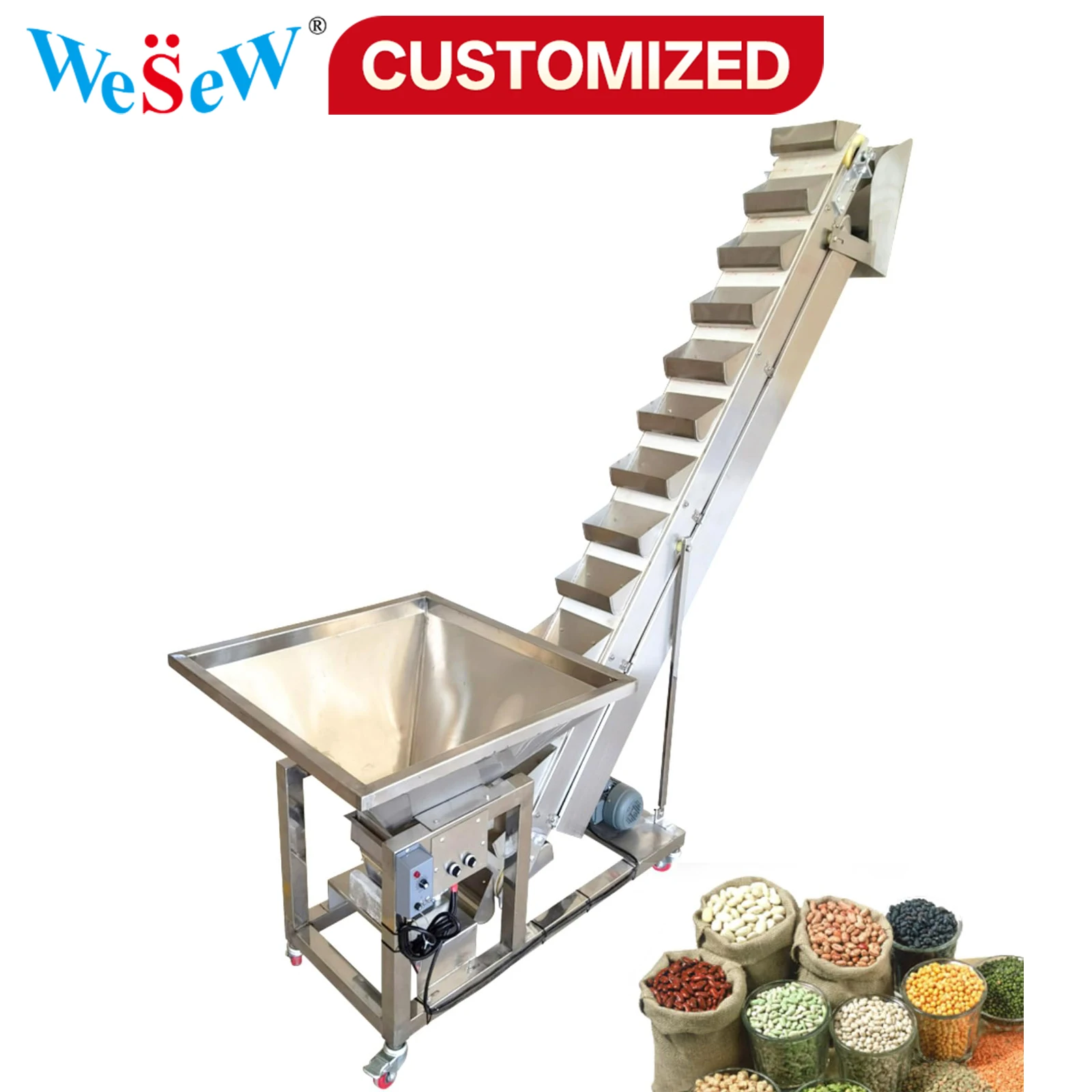 Custom Stainless Steel Bucket Elevator with 150L Hopper and 17.2 Gal/Min Capacity Featuring Adjustable Vibrating Control for Gra