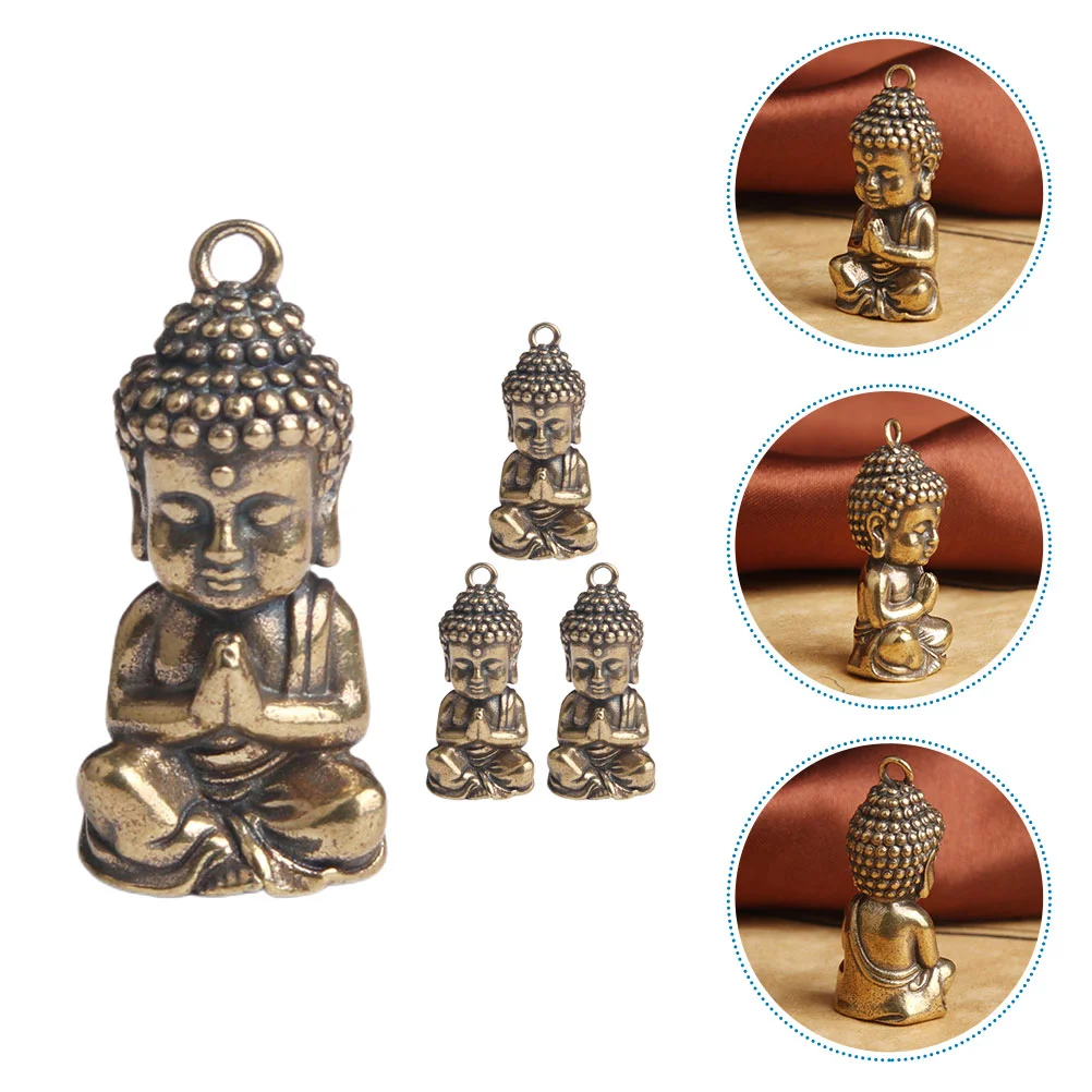 4 Pcs Dining Table Buddha Statue Key Ring Beads Charms Brass Keychain DIY Pendant