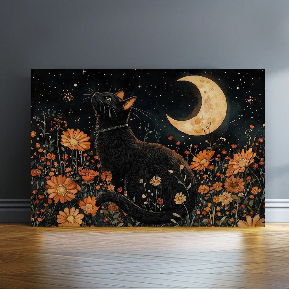 Multiple sizes 1pc frameless Canvas Painting,Black Cat Wildflower Dark Maximalist Flowers Poster and Prints Canvas Painting Wall