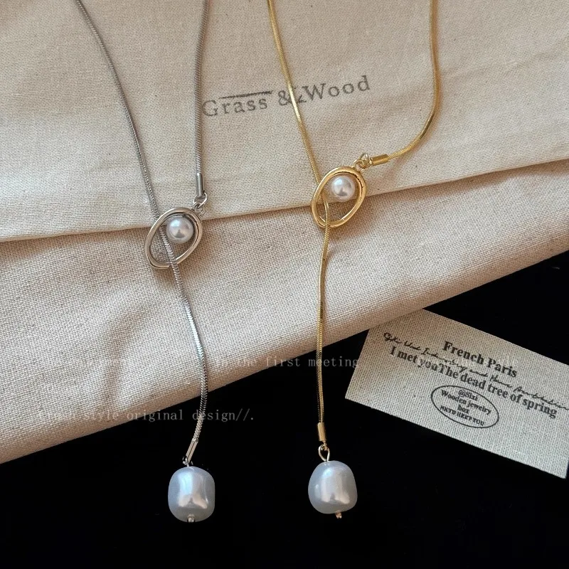 الذهب اللؤلؤ قلادة طويلة قلادة المرأة الخريف والشتاء مزاجه الراقية ضوء الفاخرة سترة سلسلة الرجعية قابل للتعديل Acce #2