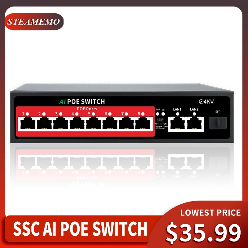 STEAMEMO SFP 100M POE Switch 8 Port AI Watchdog Built-in Power 120W Ethernet Switch Network Para Câmera IP Sem Fio AP