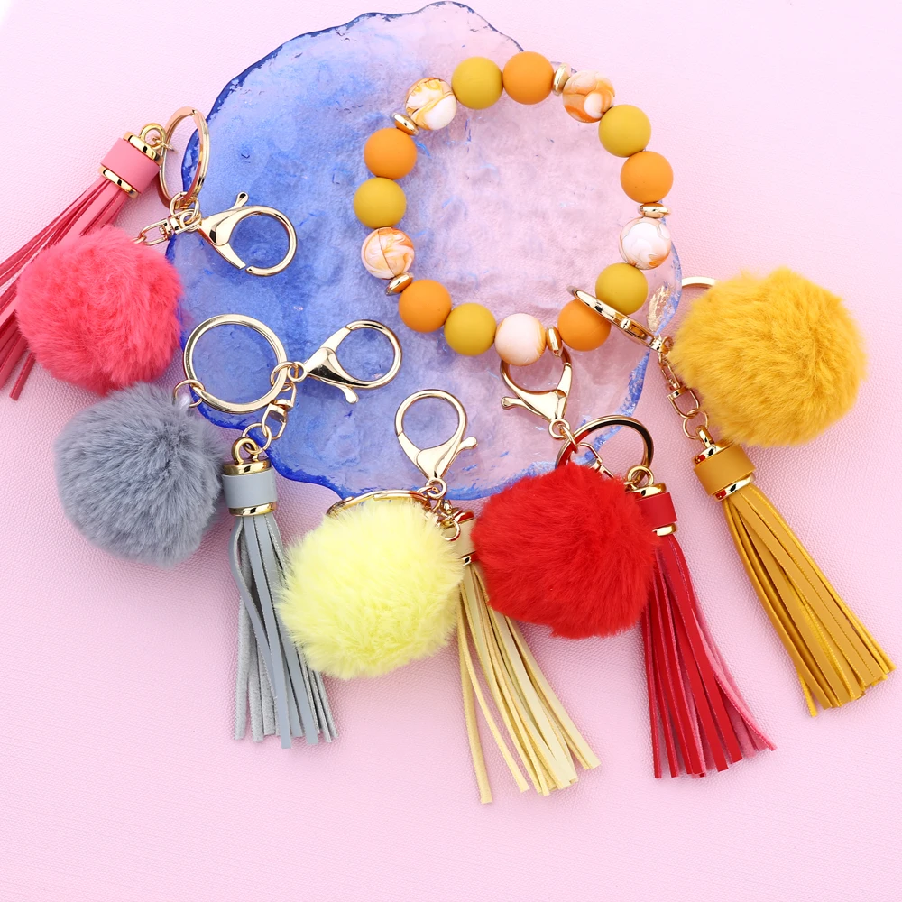 Silicone Beads Elastic Bangle Bracelet Keychain Women\'s bracelet gift  Hairball Silicone Beads Bracelet Wristlet Keychain
