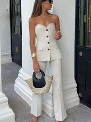 2024 New Woman Suits Elegant Single-breasted Pocket Strapless Slim Tube Top + Zipper Female Straight Leg Slit Long Pant