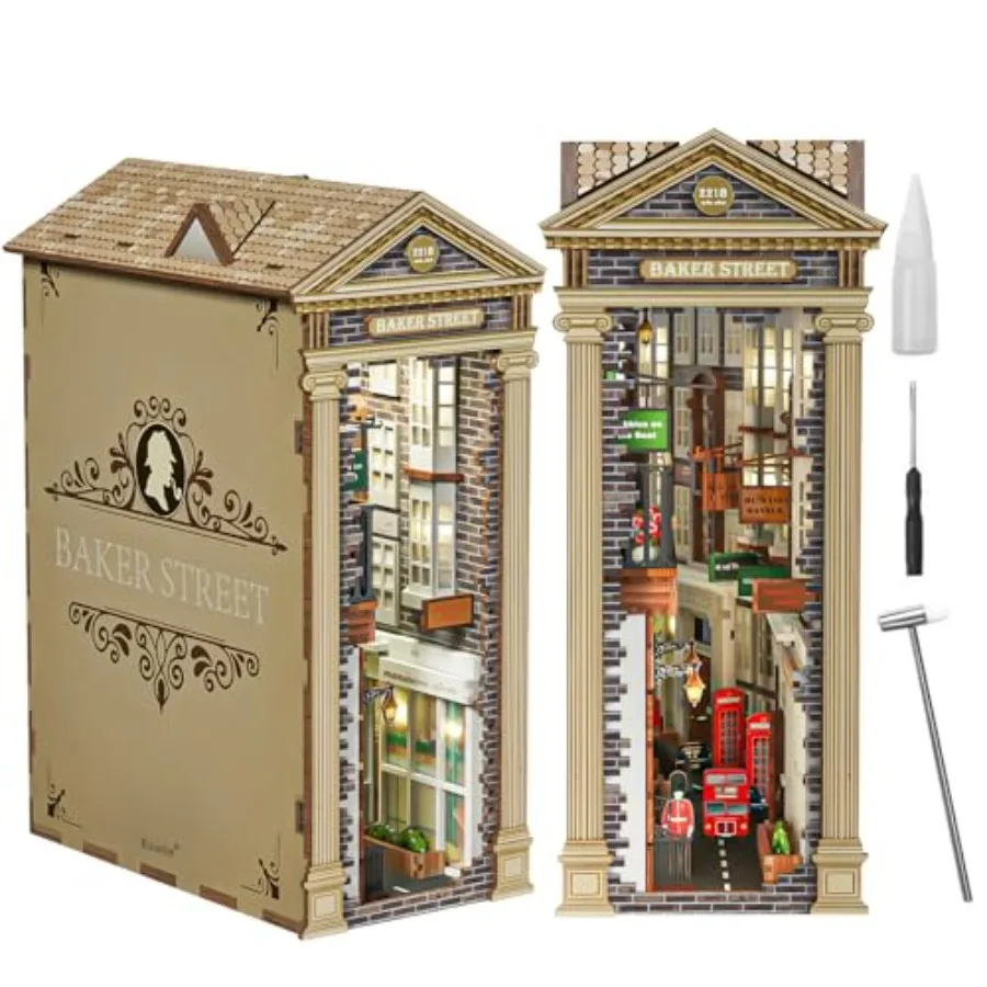 

3D Puzzle DIY Miniature Dollhouse for Bookshelf Decorations, Wooden, Natural Wood Color, Includes Button Light for Realistic Am