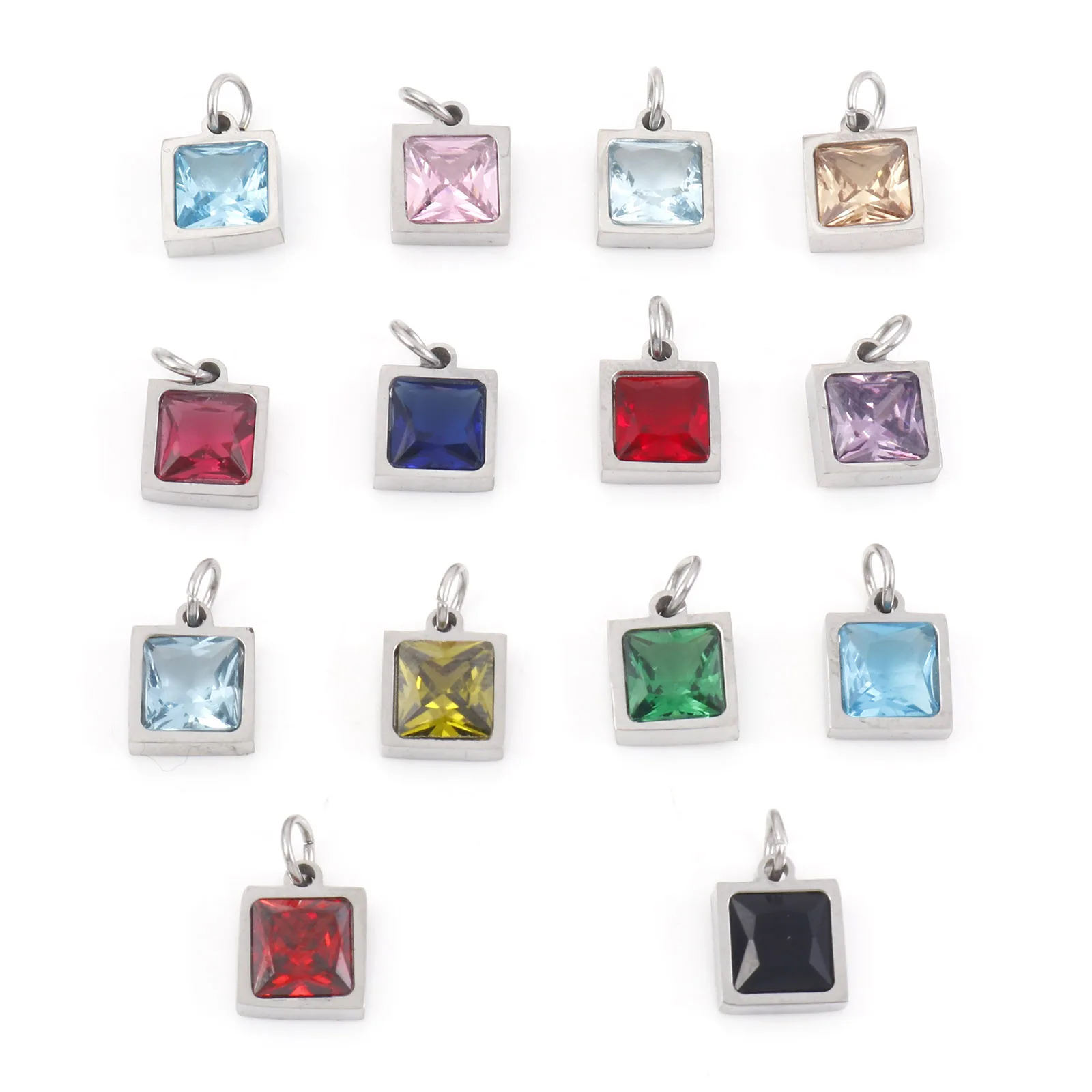 1PC Stainless Steel Charms Silver Color Square Multicolour Cubic Zirconia Pendant DIY Making Necklace Women Jewelry 13mm x 8mm