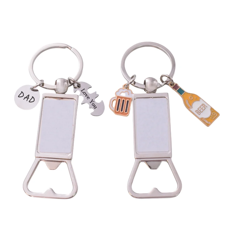 Thermal Sublimation Blank Printed Father's Day Stainless Steel Bottle Opener Keychain Metal Beer Bottle Driver Key Chain Pendant