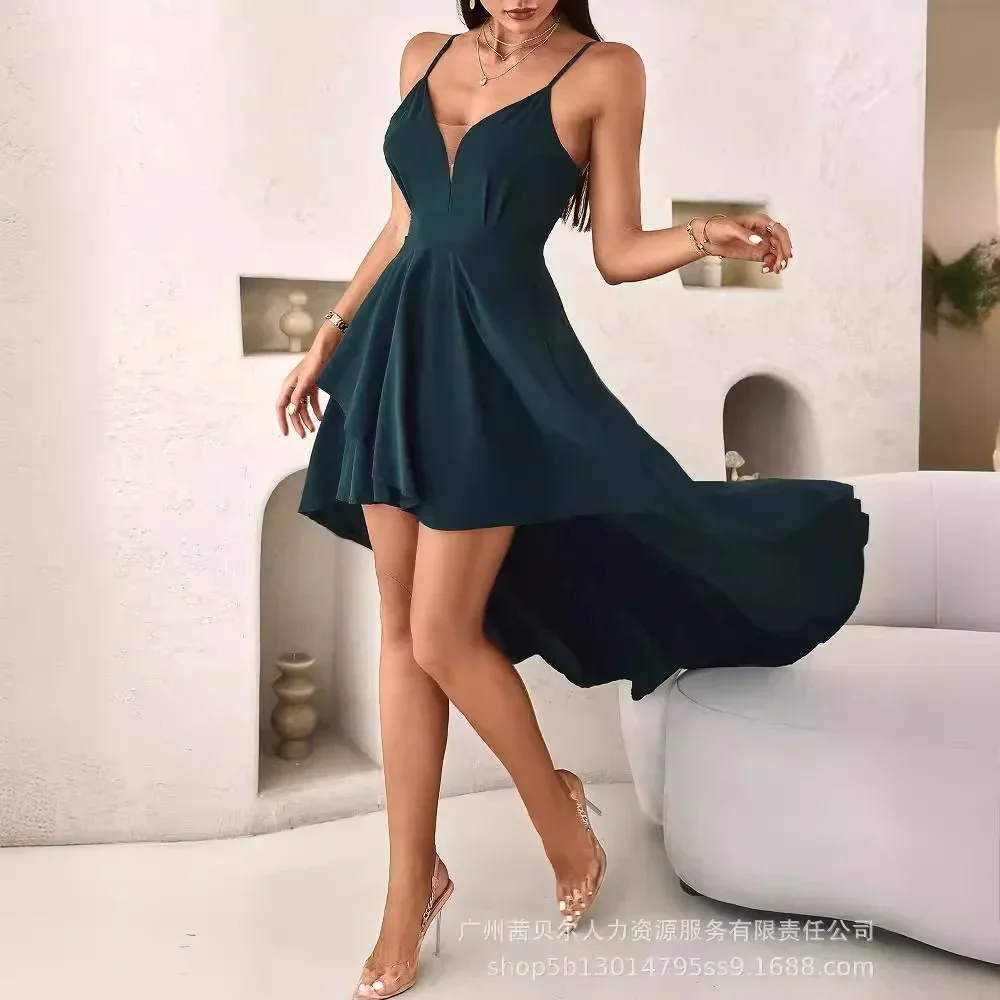 Women Long Loose Dress Sleeveless V Neck Solid Color High Waist Ruffles Sexy Fashion Dress