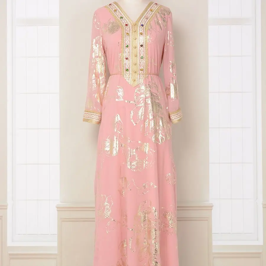 MT085 2023 Spring New Muslim Gold Stamped Fashion Robe with Belt Pink Dress