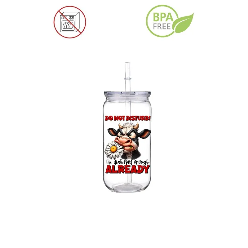 Funny Cow 3D Printed Transfer PET Plastic Straw Cup Comen With Straw And Cup Lid Environment Protection Animals