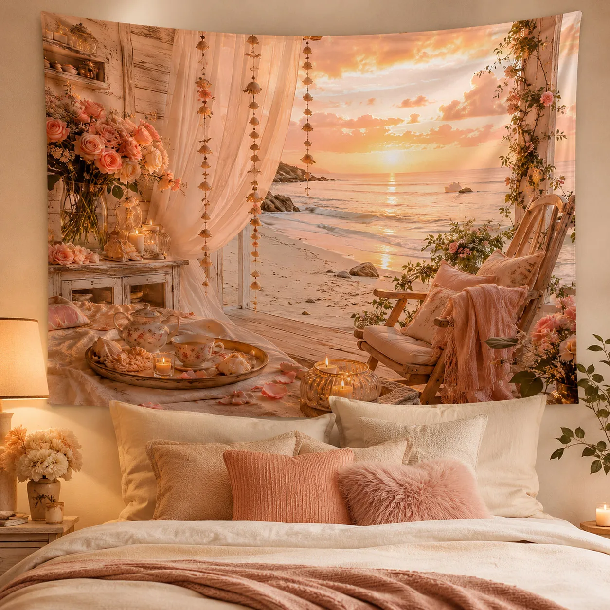 Romantic Window Tapestry Wall Art Cozy Pink Rose Floral Woven Blanket Seaside Landscape Room