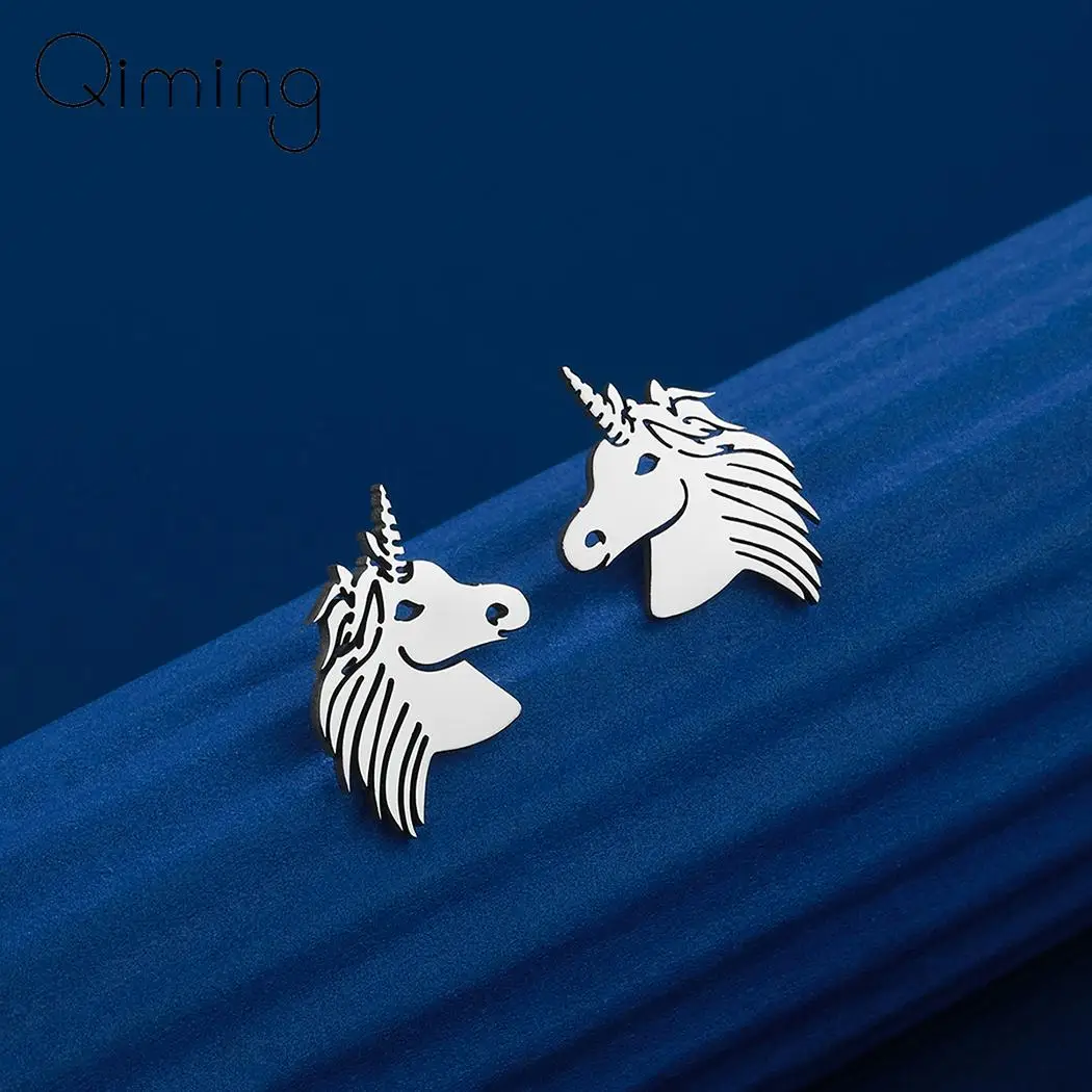 Stainless Steel Earrings Women Female Zodiac Statement Jewelry Fairy Tale Horse Pegasus Stud Earrings Bijoux Femme