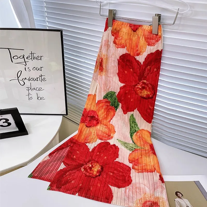 

Модная длинная сетчатая плиссированная юбка для женщин, эластичная летняя юбка с высокой талией и цветочным принтом, с разрезом, тонкая женская юбка трапециевидной формы