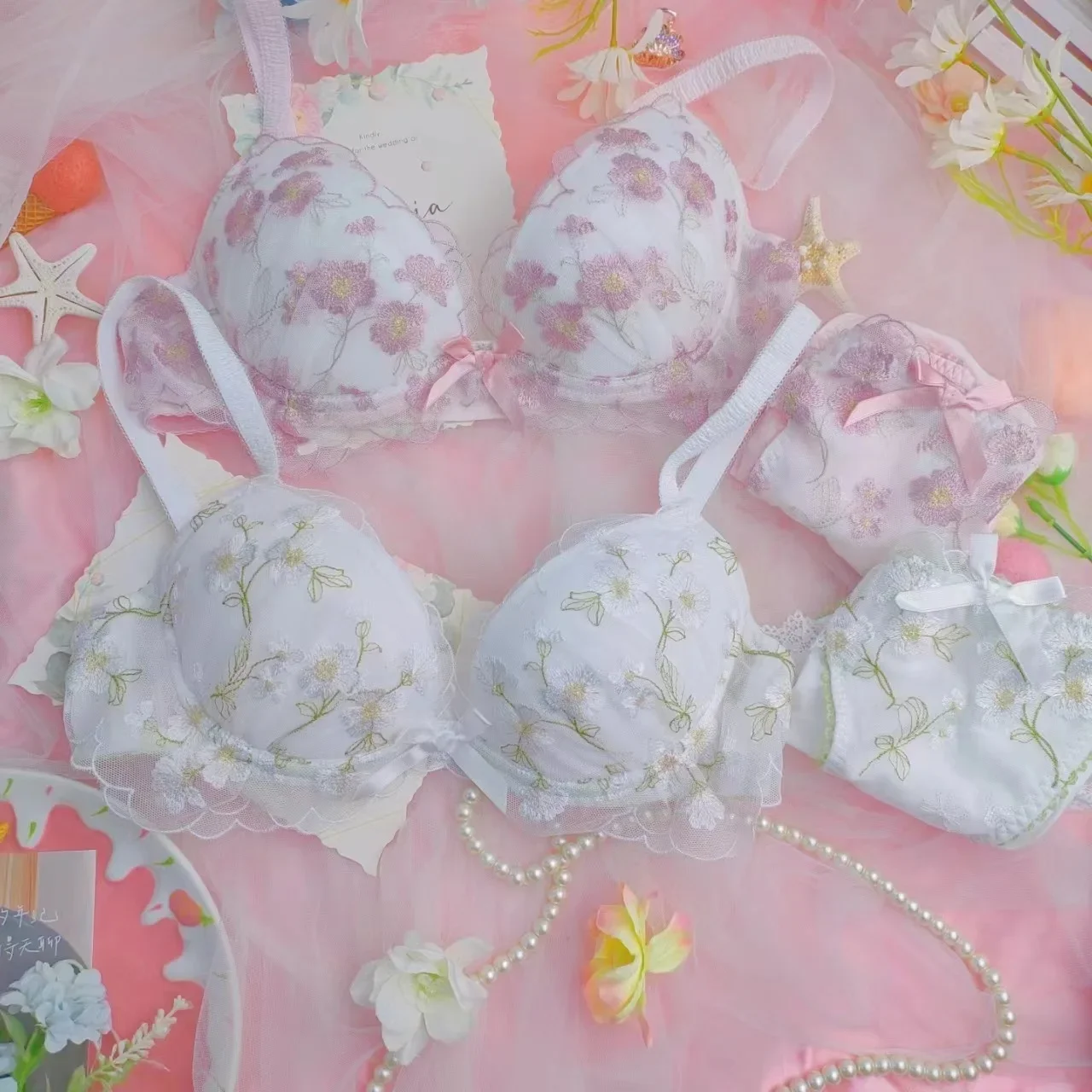 Home Set di reggiseno con anello in acciaio grande con cuore di pollo basso ricamato dolce giapponese per ragazze, comodo set di biancheria intima con chiusura laterale