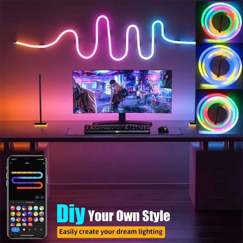 Imagem -03 - Tuya Neon Led Strip Lights com Música Sync Silicone Corda Luz Dreamcolor Perseguindo Fita para Quarto 84leds por m 524v