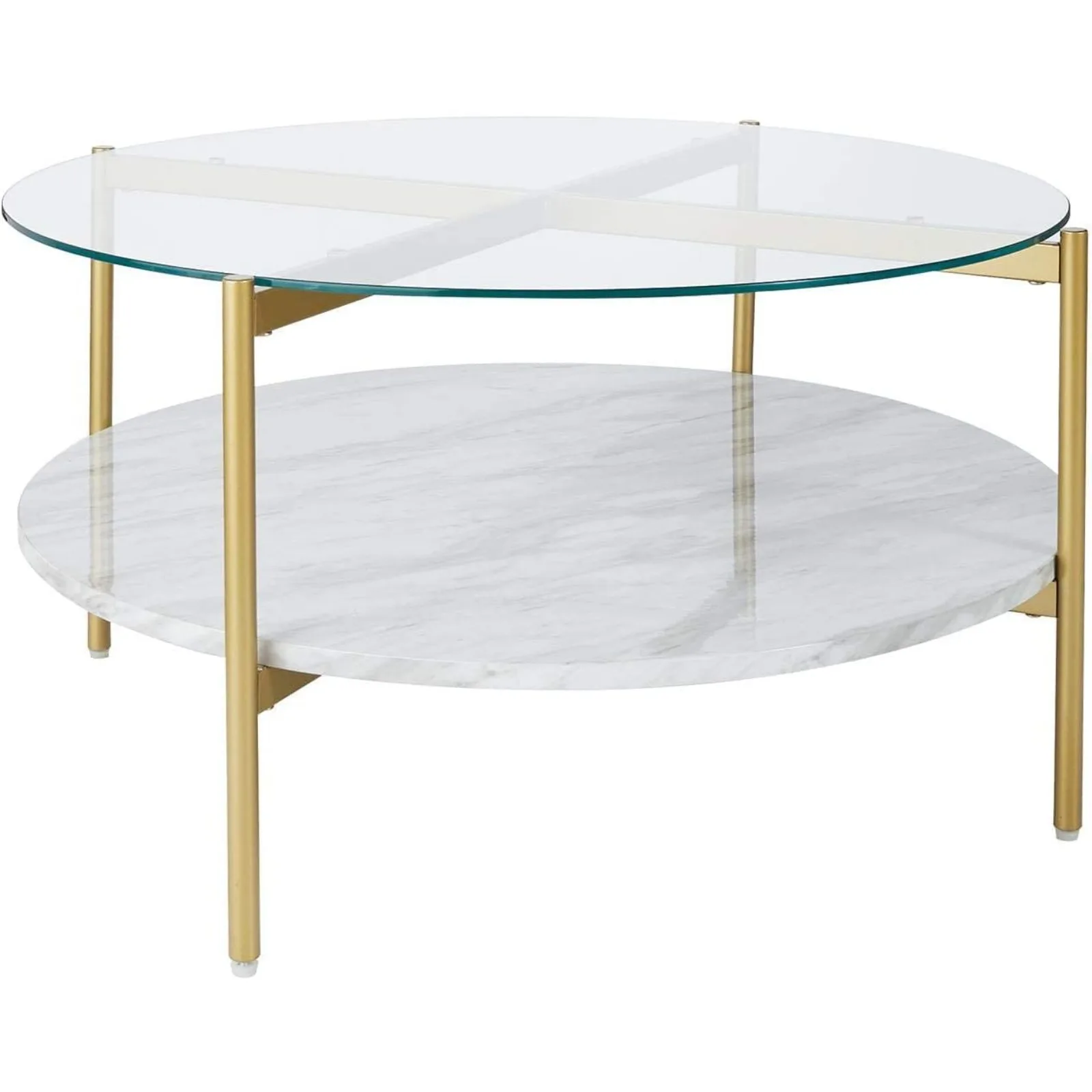 

US Signature Design by Ashley Wynora Contemporary Round Coffee Table with Glass & Faux Marble, White & Gold