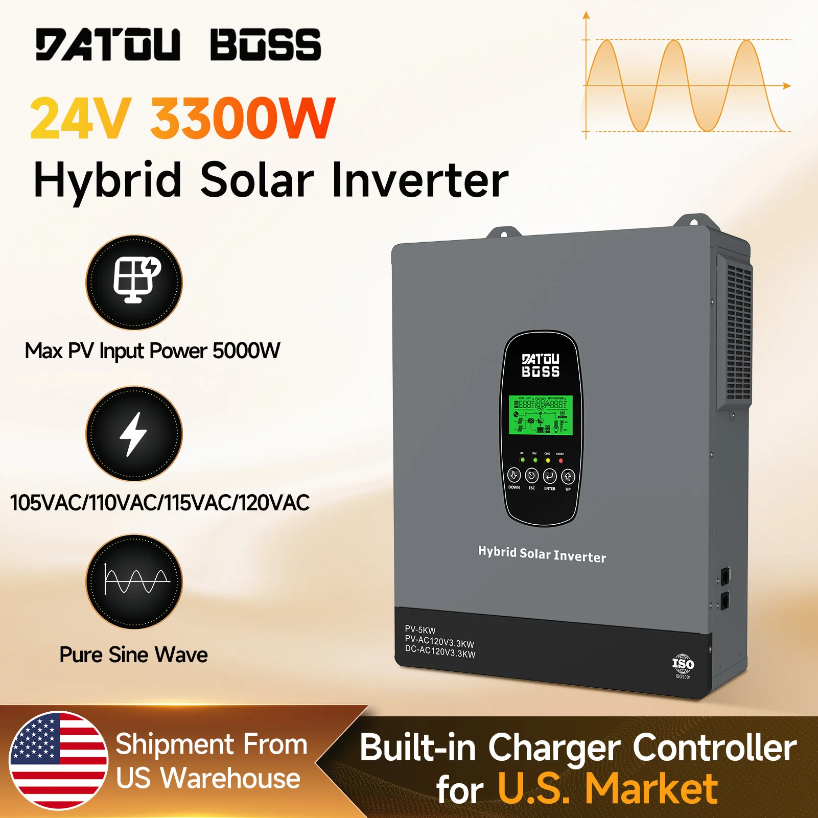 DATOUBOSS 3300W 24V Hybrid Solar Inverter 5000W PV Input Pure Sine Wave 120V AC Output Off Grid Solar Charger Inverter with LCD Display RS485 Communication