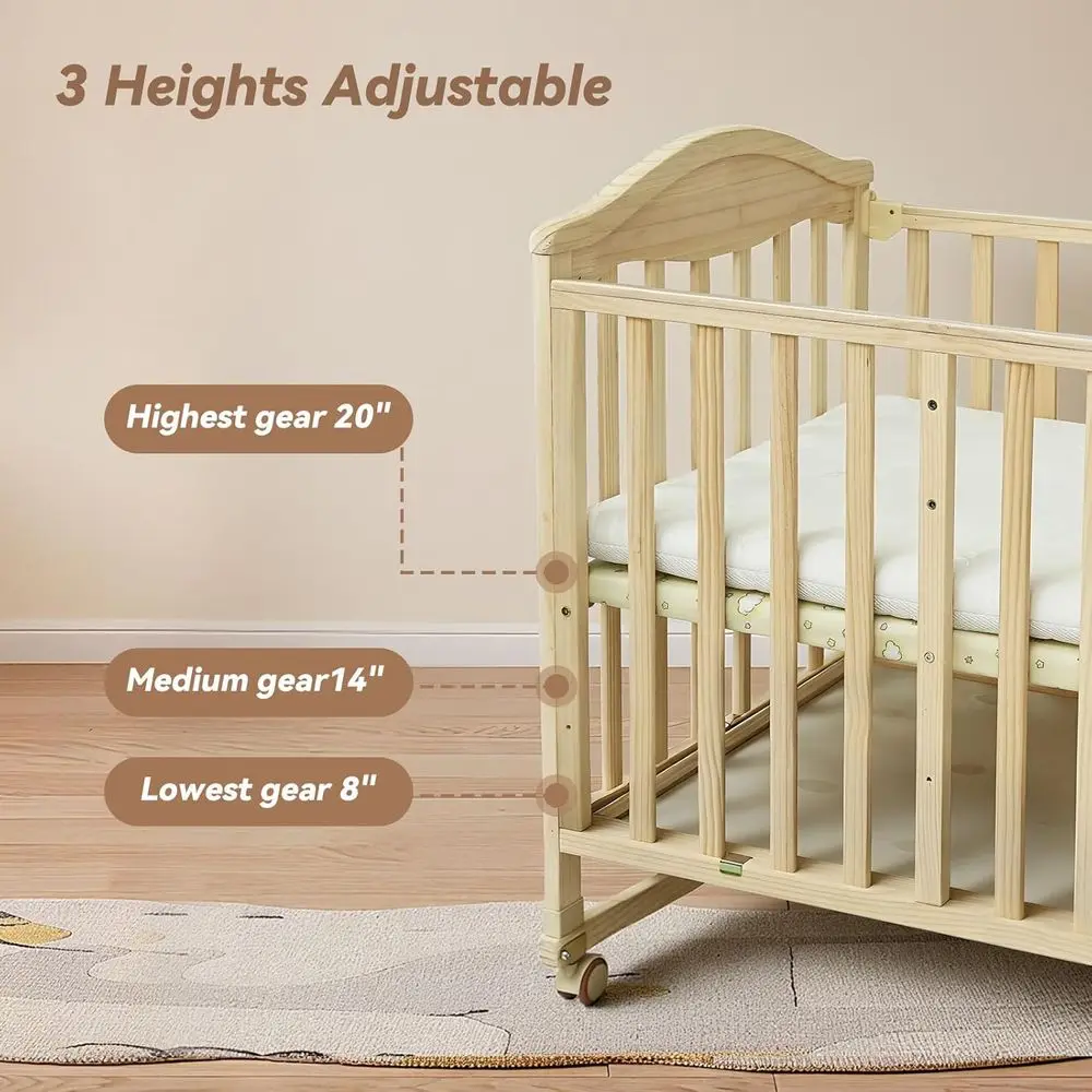 Kompaktes tragbares Kinderbett mit Wechseltisch und Matratze, Babywiege aus Holz 2025, Wieg für kleine Räume, unbemalt