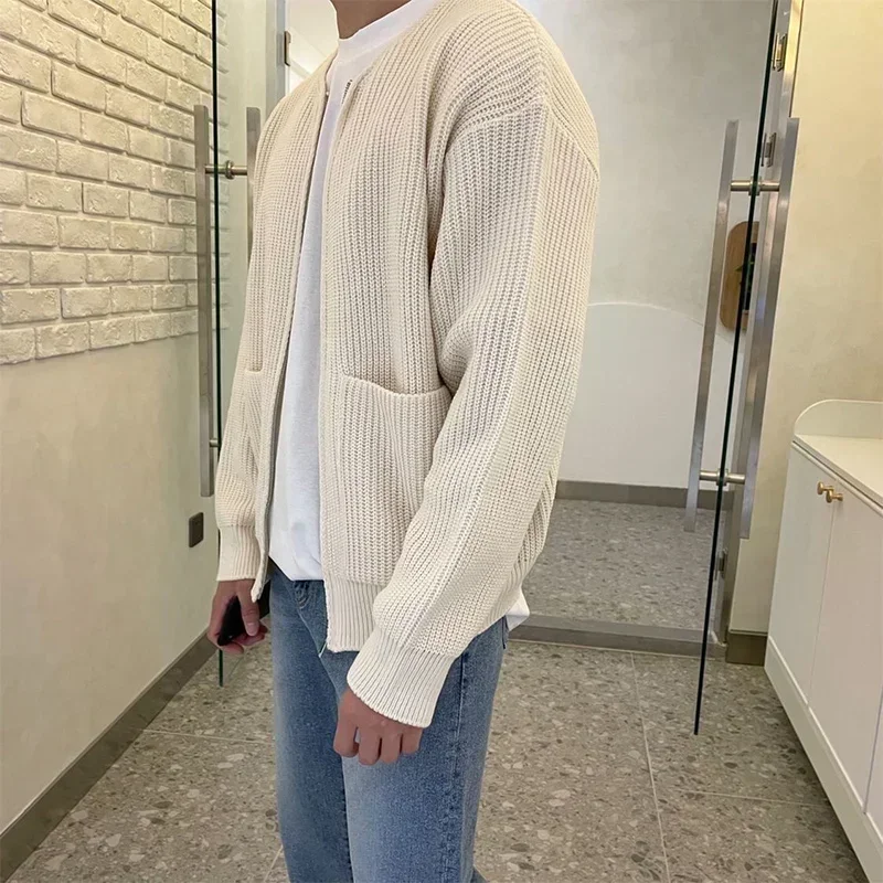 2024 Autumn Zipper-Up Knitted Sweatercoat for Men Solid Casual Slim Baisc Cardigan Hombre Round Neck Pocket  Tops Male Outwear