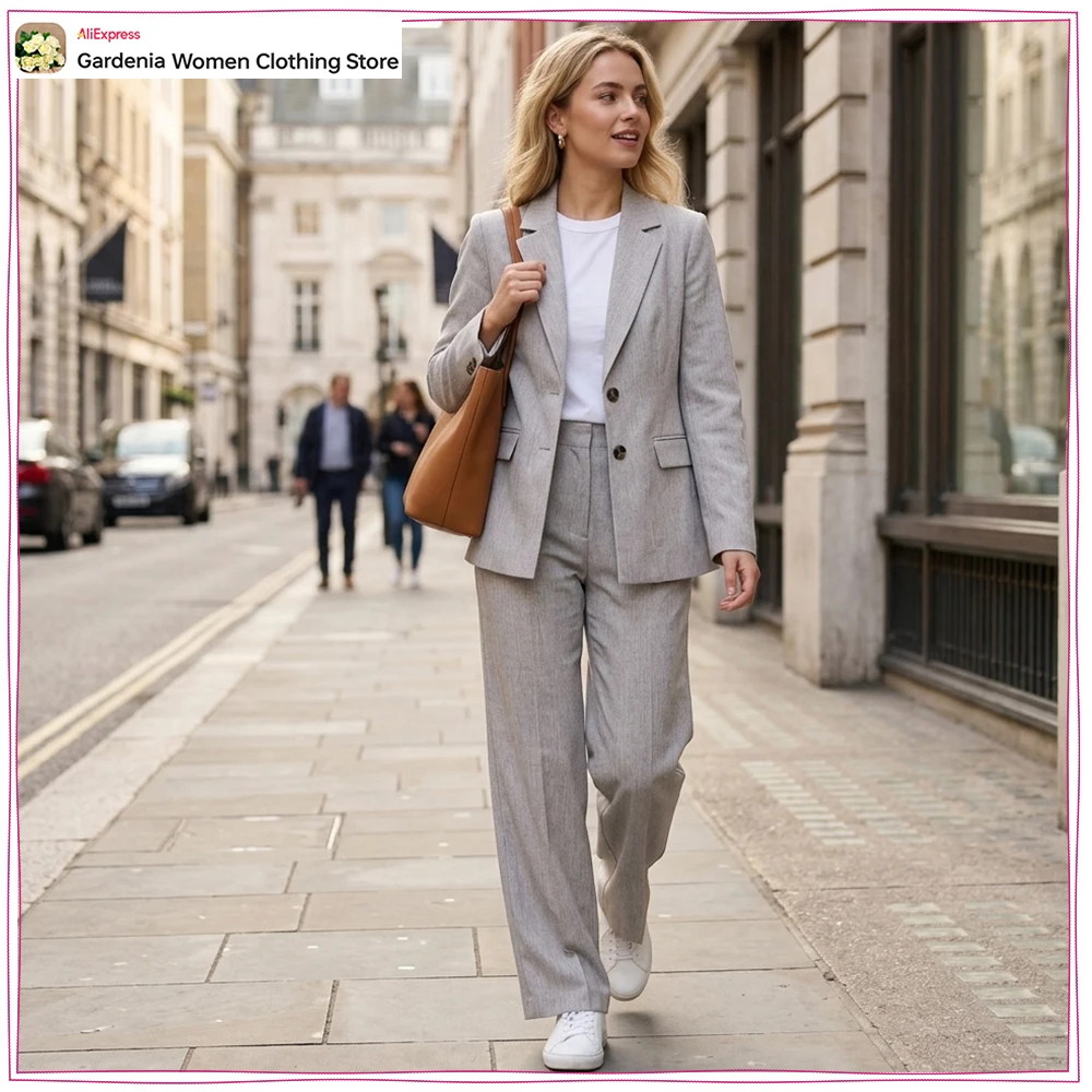 

Stylish OL Style Pant Sets Women New Matching Sets Linen Blazer with Shoulder Pads and Flap Pockets + High-waisted Pleated Pants