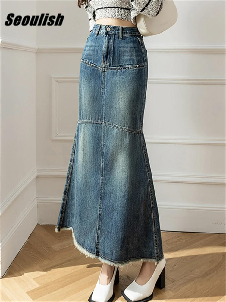 

Seoulish High Waist Women's Denim Long Wrap Skirts Spring Summer Vintage Cowboy Jeans Mermaid Skirts Tassel Female 2023 New