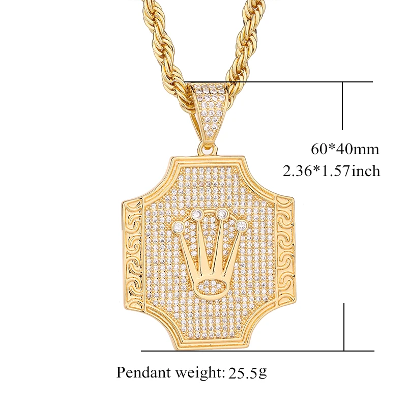 American Hot Sale Hip Hop 14k Gold Plated Crown shield Moissanite Copper Pendants and Necklaces