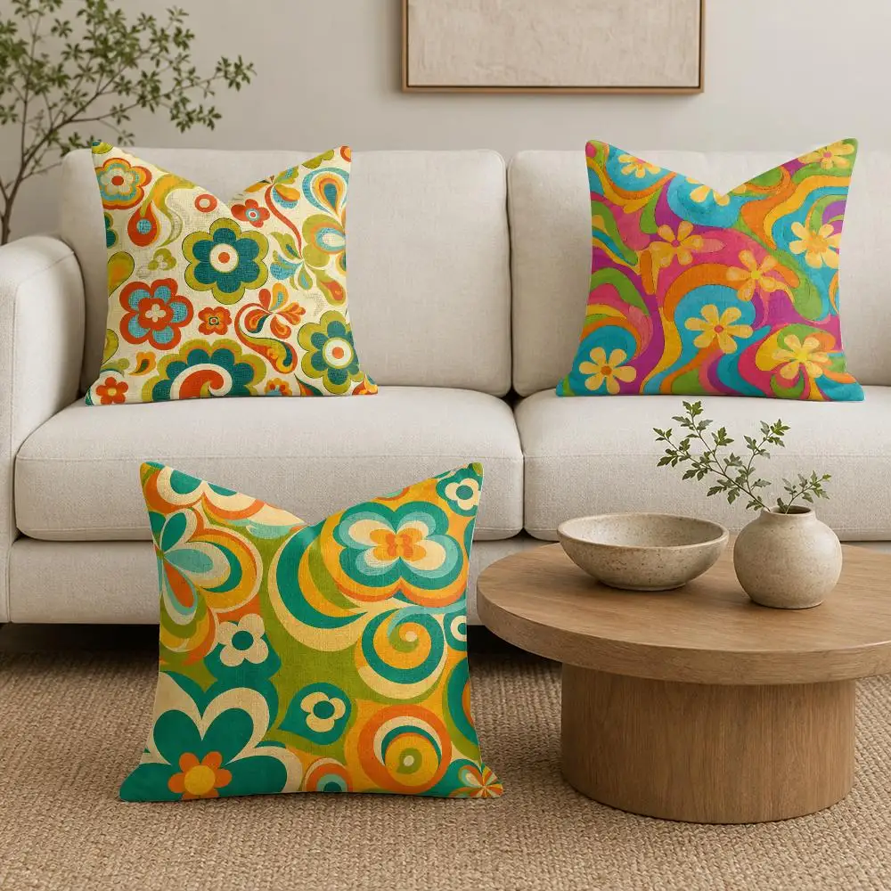 Groovy Retro Flowers Cushion Cover Natural Linen Organic Fabric Double-Sided Printing Sofa Home Decor Gift Pillow Cover