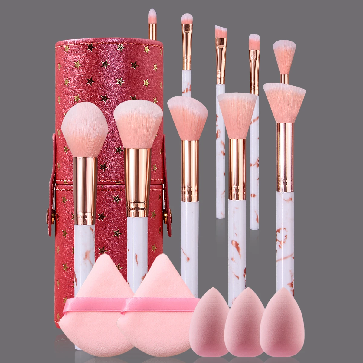 Ensemble de maquillage pour le visage multifonctionnel texturé de marbre, brosse + éponge de maquillage douce, œuf/poudre bouffante + seau de rangement portable, 16 pièces