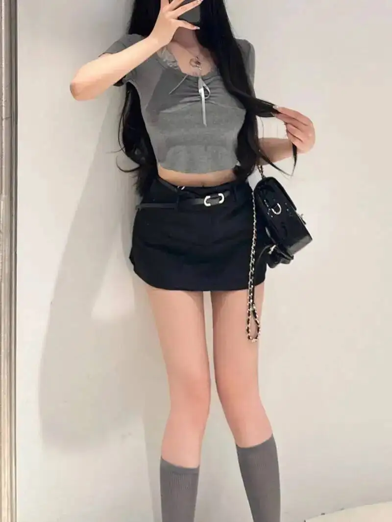 الحليب الحلوى الحلو وهمية اثنين الرغبة النقية نمط قصيرة الأكمام تصميم تحسس قصيرة الرقبة معلقة المرأة التي شيرت تيز موضة 41D7 #4