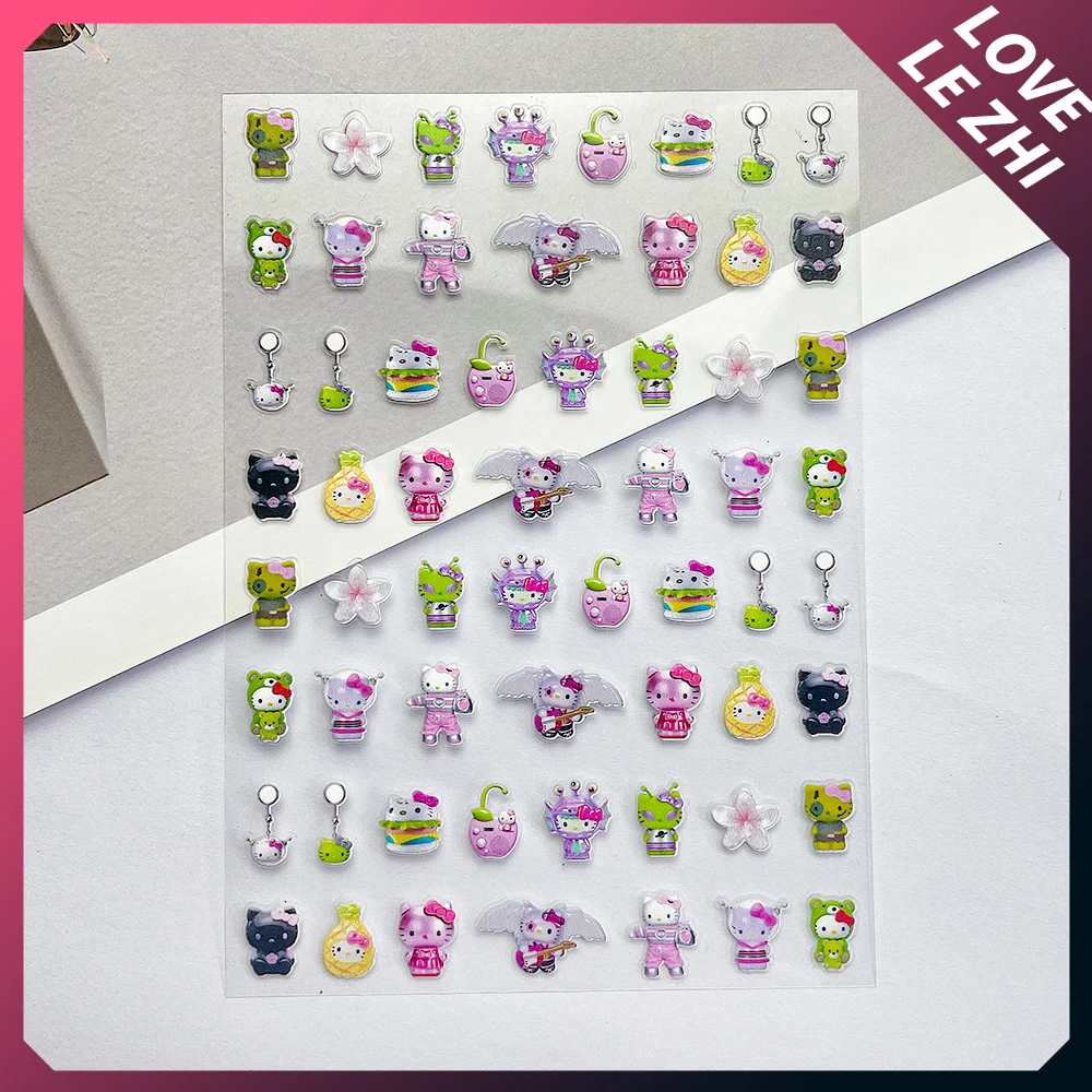 Cartoon Sanrioed HelloKitty 3D Diy Nagels Transfer Slider Decals Stickers Zwarte Huid Hawaiiaanse Kt Pop Plakboek Koffer Stickers