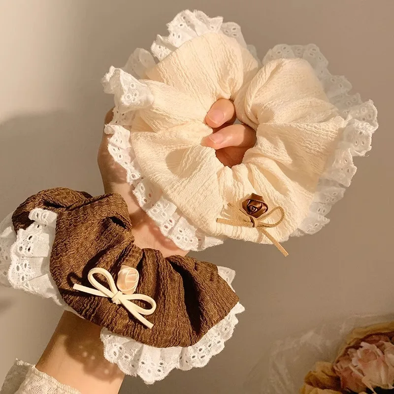 2025 New Atmosphere Brown White Hair Ropes Ties Rose Edges Oversized Scrunchies College Girls Sunny Simple Elastic Hair Bands