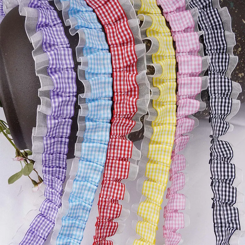 1/5/10Yard Lace Ribbons Trimming High Quality Pleated Gingham Lace Fabric For DIY Apparel Sewing Supplies Party Dress Decorative
