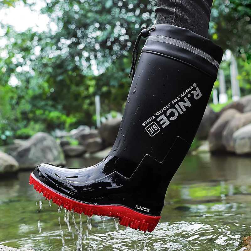 Men's Fashionable Outdoor Rain Shoes High‑cut Plain‑top Rain Boots Non-slip Wear-resistant Sole Portable Fishing Kitchen Boots