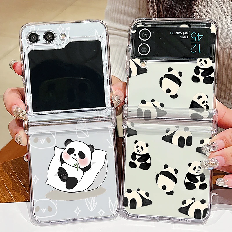 Cartoon Panda Pattern Clear Case For Samsung Galaxy Z Flip 6 5 4 3 Hard PC Folding Phone Cover For Samsung Z Flip6 Flip5 Flip4