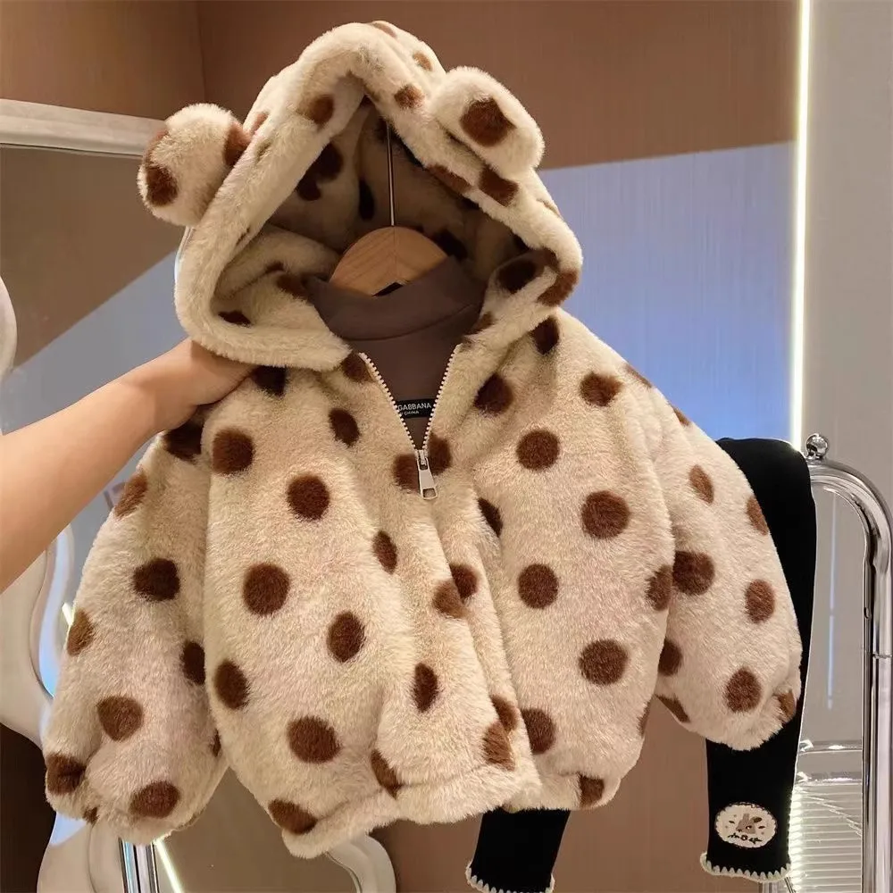 Girls' Wool Sweater 2025 Winter Clothing New Baby Hooded Polka Dot Imitation Fur Thick Warm Jacket with Cotton Clip