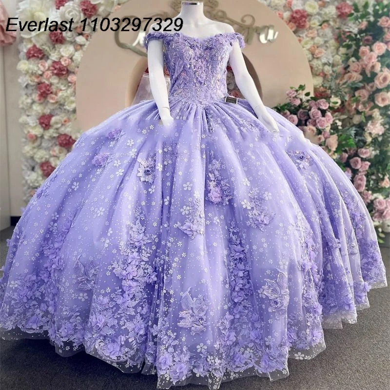 EVLAST lavanda Quinceanera vestito Off spalla Applique fiore floreale in rilievo abito da ballo dolce 15 corsetto Vestido De 15 Anos TQD574