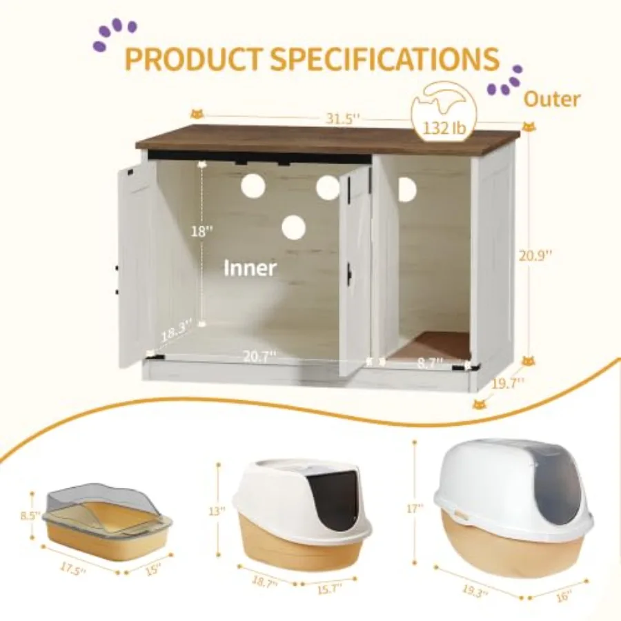 Cat Litter Box Enclosure for Living Room, Wood-Grain MDF Cabinet in Neutral Beige with Odor-Blocking Ventilation and Quiet-Clos