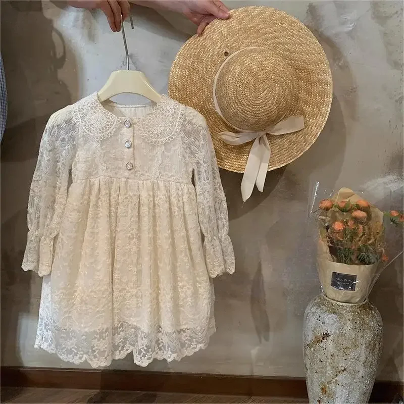 

Fashion Baby Girl Princess Lace Hollow Dresses Infant Child Long sleeve Solid Color Retro Vestido Party Baby Clothes 18M-10Y