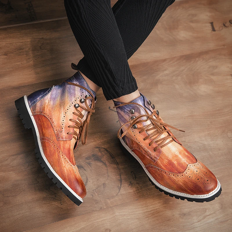 Men Lace-up High Top Brogue Carved Business Boots